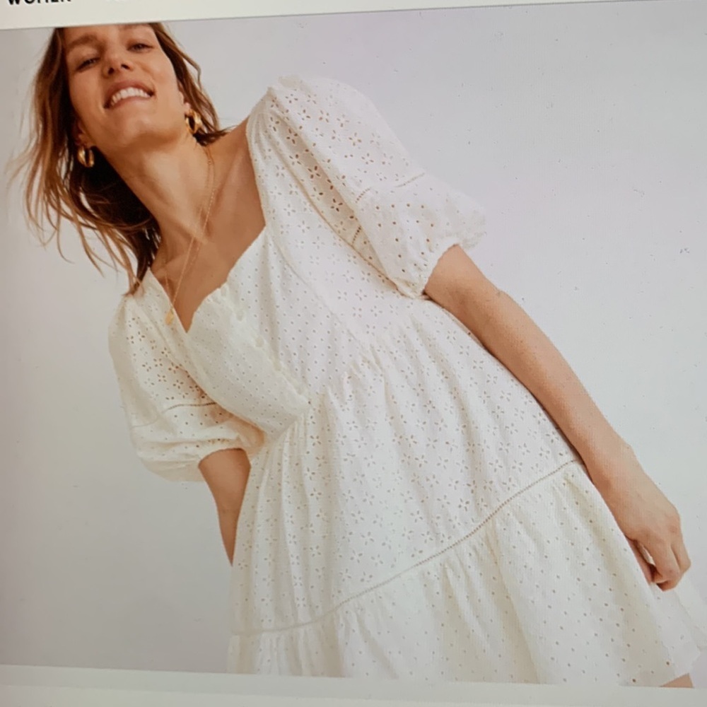 Madewell Eyelet Babydoll mini dress cream size small/med? Tiered Puff sleeves
